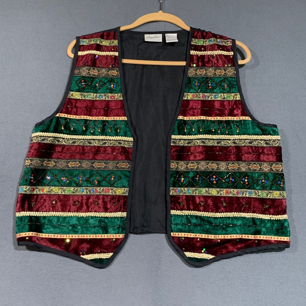 Vintage Jaclyn Smith Womens 24W Beaded Velvet Vest Holiday Sequin Embroidered